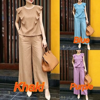Korean Elegant Ruffle Blouse & Wide Leg Trousers 2pcs Summer Casual Co-Ord Set 2323