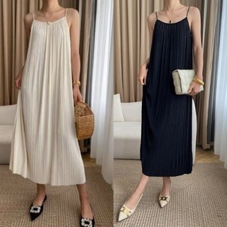 Women's Korean Style Casual Strap dress Long Skirt Loose Pleated Dress
