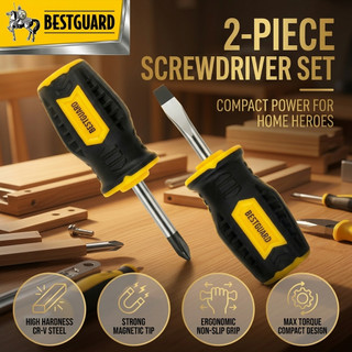 BESTGUARD Stubby Screwdriver Set 2pcs Magnetic Tip Non Slip Grip Short Handle Tool