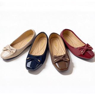 HOU  Korean Fashion Doll Shoes With Bow Shiny PU Leather Black Shoes Ballet Flats  # A-01(35-40)