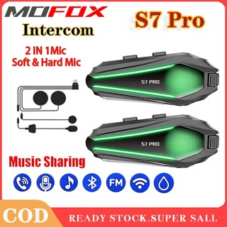 MOFOX S7 Pro Motorcycle Helmet Intercom Headset Music Share 2in1 Mic 1000M Bluetooth For 2-6 Ride FM