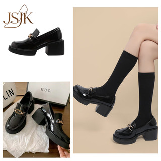 [JSJK]korean Square heel black shoes for women Mary Jane black leather shoes 6cm height  school#8988