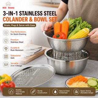 3 In 1 Multifunction Stainless Steel Basin Drain Basket Set Grater Washing Bowl Fruit Kitchen Utensi