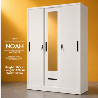NOAH | Full Steel 3-DOOR Sliding Wardrobe with Mirror in Matte White by Leapify Steel