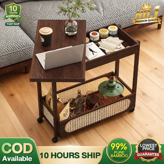 TAHANAN Bamboo Foldable Coffee Table With Wheels  Rattan Snack Storage Basket In The Living Room