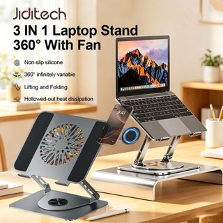 Jiditech 3  IN 1 Laptop 360° Rotating Bracket With Fan Phone Holder Foldable Laptop Stand With Fan