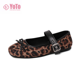 YOTO Loafers Shoes For Women Leopard Print Bow Adjustable Buckle Soft Flats Doll Shoes