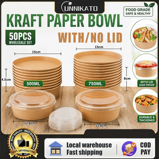 50 Pcs Kraft Salad Bowl Round Disposable Kraft Paper Bowl With Plastic Lid Leak-Proof Bowl 500/750ML