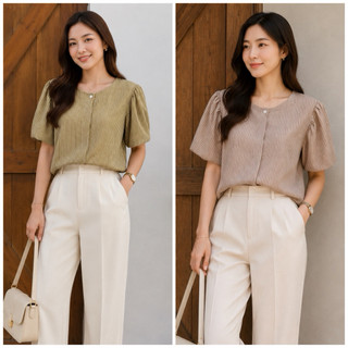 Uniq.Mnl Linen Stripes Puff Sleeves Buttondown Casual Top Blouse for Women | VANESSA