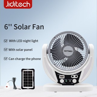 Jiditech 6 inch Solar Fan With LED Light Built-in LED Bulb Large Wind Quiet Portable Desktop Fan
