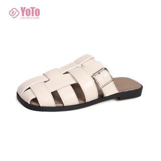 YOTO Roman Woven Hollow Flat Sandals Casual Versatile Closed Toe Slip On Half Slippers