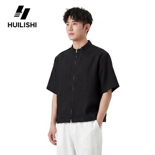 HUILISHI Box Fit Polo for Men Crop Top Summer linen zip-up Stand collar men's short-sleeved Korean s