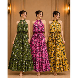Jixi Lotlot Halter Floral Maxi Dress with Belt – Free Size Up to Large| Sleeveless Long Dress