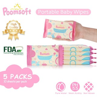 Poomsoft Baby Wipes Travel 1 Pack/5 Packs Sea Scented And Unscented Alcohol-Free Mini Wet Wipes