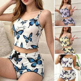 2 in 1 Women's Pajama Set Plus Size Elastic Shorts and Backless Cropped Camisole Sleepwear Set