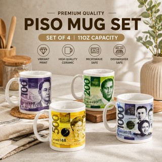 【COD】4Pcs Philippine Peso Print Coffee Mug Set Authentic PHP Banknote Pattern Cup with Handle Regalo