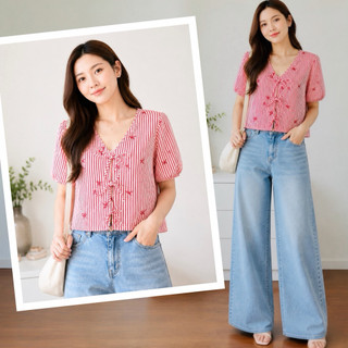 UNIQ.MNL MARA Stylish Striped Ribbon Polo Blouse with V-Neck Collar w/ triple front ribbon style top