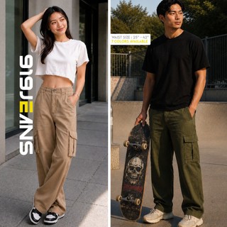 919 JEANS : Unisex Korean Streetwear 6 Pockets Straight Cut High Waist Denim Jeans Cargo Pants
