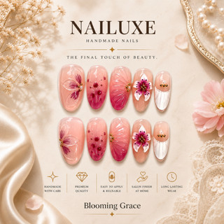 NAILUXE [H001-H015] Mermaid, Hawaiian, Beach Collection Flowers Handmade Press On Almond Fake Nails