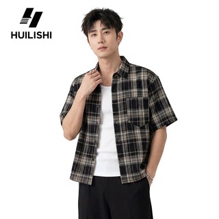 HUILISHI Box Fit Polo for Men Crop Top Plaid cotton short-sleeved Korean style shirt