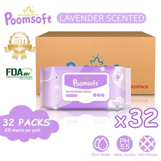 Poomsoft 32 Packs x 100 Sheet Lavender Scented No-Alcohol Gentle Wipes For Baby Wet Wipes In Box