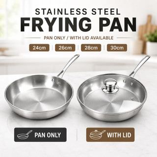 Thickened Stainless Steel Frying Pan With Lid Uncoated Compatible With Induction and Gas Stoves