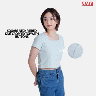 BNY LADIES' SQUARE NECK RIBBED KNIT CROP WITH BUTTONS (365)