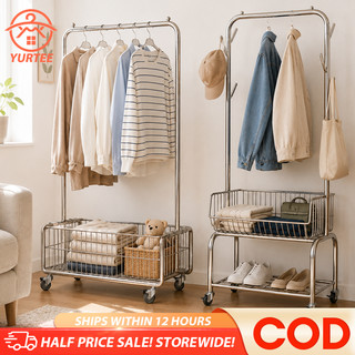 Heavy Duty Clothes Rack with Storage Basket & Wheels Garment Rack for Bedroom Clothes Organizer
