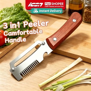 ICON 3-in-1 Multifunctional Peeler Ribbon Cutter Bottle Opener Stainless Steel Wooden Handle Kitchen