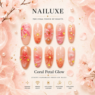 NAILUXE Floral Collection MediumLength Semi Almond Shape Semi-Handmade Feminine Minimalist Fake Nail