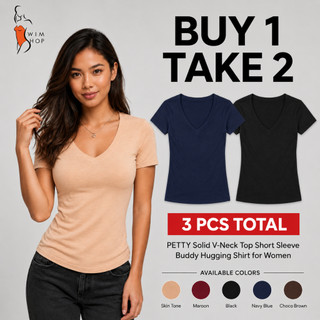 SS BUY 1 TAKE 2 PETTY Solid V-Neck Top Short Sleeve Buddy Hugging Shirt for Women