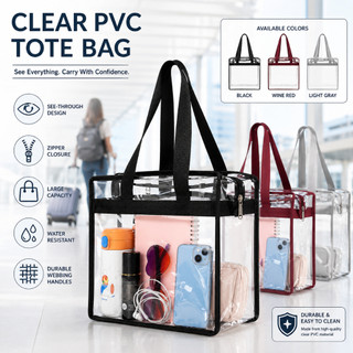PVC Transparent Tote Bag with Zipper Daily Travel Shopping Bag