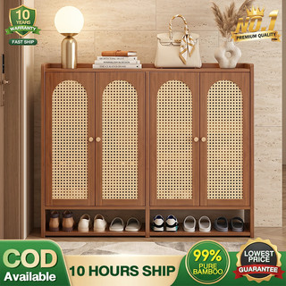 Bamboo Rattan Shoe Cabinet 4Door Arch Design Entryway Cupboard Space Saving Storage Organizer