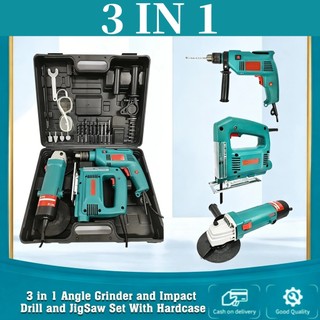 NEW 3-in-1 2-in-1 Power Tool Set: Angle Grinder, Impact Drill & JigSaw with Hardcase