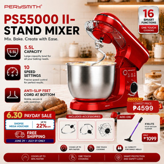 Perysmith PS5500 II 5.5L Electric Stand Mixer for Baking with Bowl and 3 Whisks 10 Speed Settings