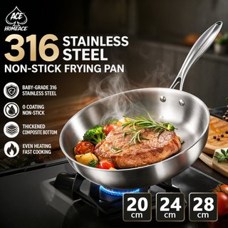ACE HOMEACE 316 Stainless Steel Frying Pan Non Coated Skillet for Induction Gas Stove 20/24/28CM