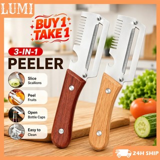 3-in-1 Multifunctional Peeler With Bottle Opener Stainless Steel Wooden Handle For Kitchen Use