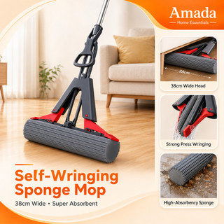 Amada Sponge Mop With Squeezer Heavy Duty Absorbent PVA Floor Mop Wet Dry Cleaning Replacement Head