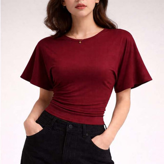 COLEEN Top Cotton Casual Round Neck Slim-fitting Plain Bat Wing Sleeves