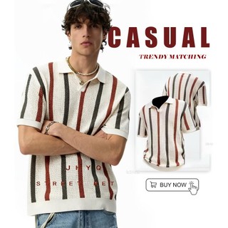Summer Hollow Knitted Khaki Polo Shirt For Unisex Fashion Striped Casual Men's tshirts Clothes Top