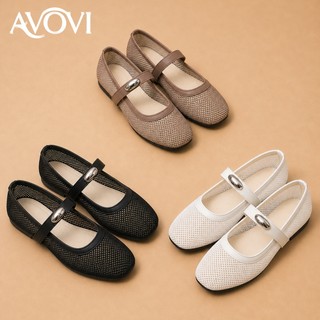 AVOVI Women Flat Shoes Metal Buckle Mesh Square Toe Flat Soft Sole Flats
