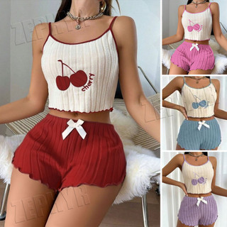 【Bestseller】2 in 1 Pajama Set Women Plus Size Knitted Sleeveless Embroidery Camisole Tank Top Shorts