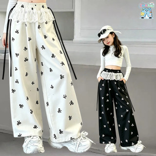 【Jeankids】Girls Black Bow Print Trousers Lace Trim Elastic Waist Wide Leg Pants Fashion Streetwear