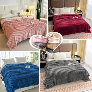 Thicker Plain With Stripes Velvet Ribbed Marshmallow Microfiber Blanket  Superior Quality  (DOUBLE,Q