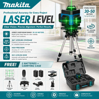 Makita 16 Line Laser Level Green Light Self-Leveling 360° Rotary Cross 4D Auto Measurement
