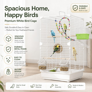 White Bird Cage with Wheels Large Metal Bird Cage for Parrot Budgie Lovebird Cockatiel