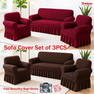 Sheleep Thicken Seersucker Sofa Cover Set of 2pcs 1seater and 1pc 3 Seater Sofa Cover With Skirt