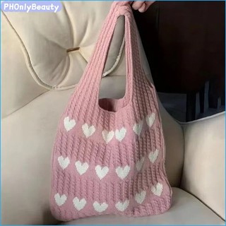 Korean Vintage Knitted Tote Bag Large Capacity Shoulder Bag Hollow Woven Portable Commuting Bag