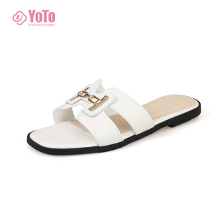 YOTO French Style Flat Sandals For Women Elegant Pu Leather Comfy Soft Anti Slip Slippers Ladies