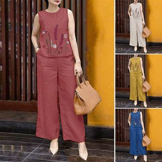 Women Korean Sleeveless Floral Embroidered Tank Top & Loose Pants Casual 2-Piece Terno Set 2314